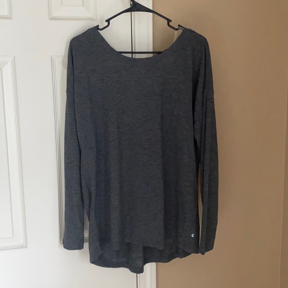gray long sleeve with cross back detail